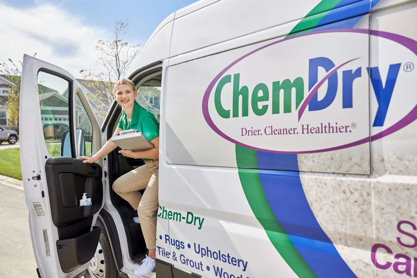 Chem-Dry Truck Green Leaf Chem-Dry technician getting out of the truck in Mississauga